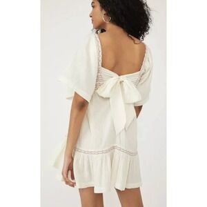 Free People Easy To Love‎ Boho Ivory Dress with Lace Trim and Bow Back Size L
